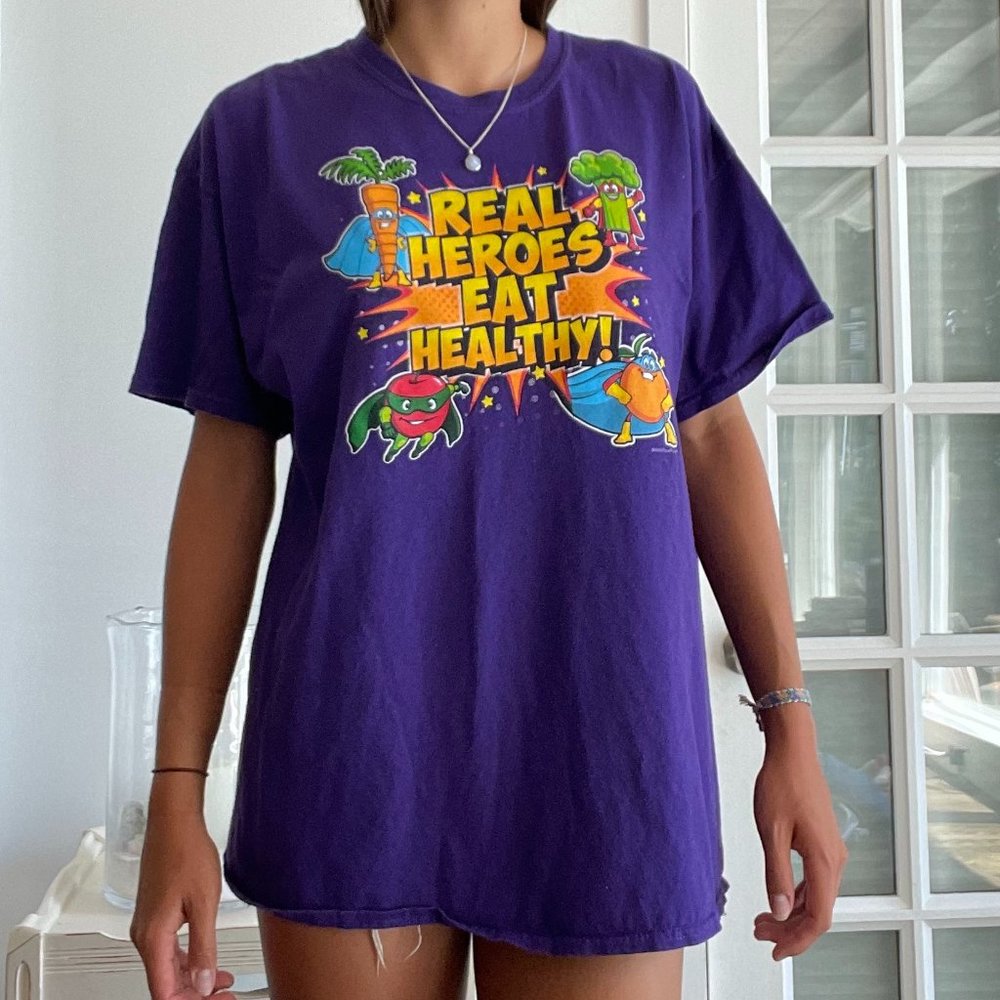 Real Heroes Eat Healthy Oversized Graphic Tee